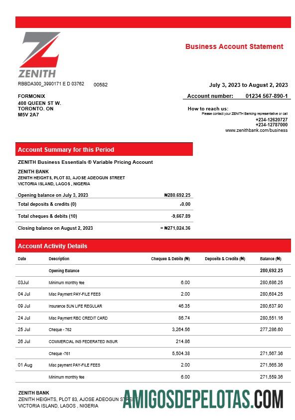 Realista Zenith Bank Business Checking modelo de extrato de conta Word e PDF